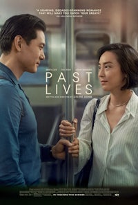 a poster for past lives with a man and woman looking at each other